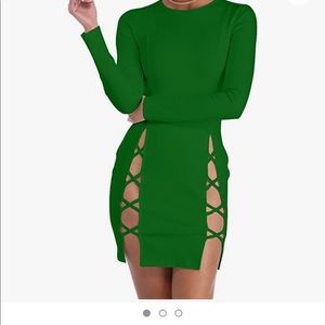 Kelly green, long sleeve, lace up mini dress